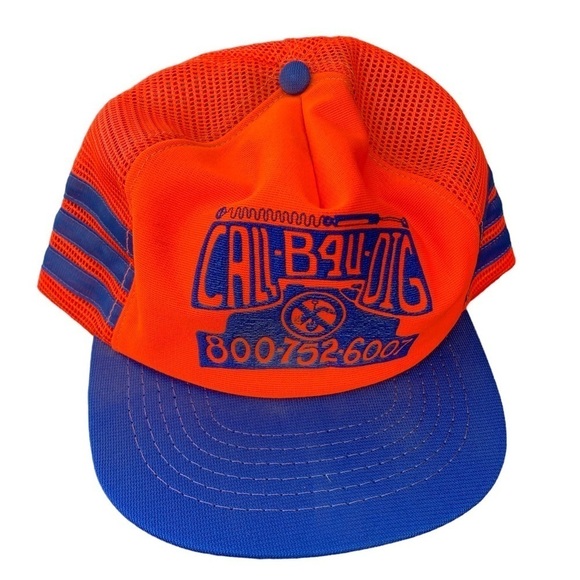 Vintage 3 Stripe Mesh SnapBack Trucker Hat Call Before Dig Retro Made in USA - Picture 2 of 7